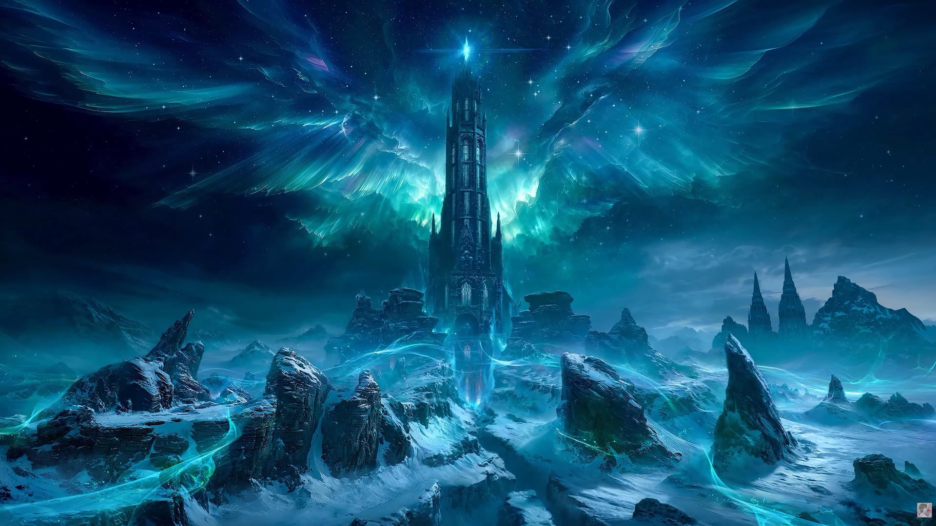 A torre de Nix sob uma aurora de luz — o coração do domínio congelado.